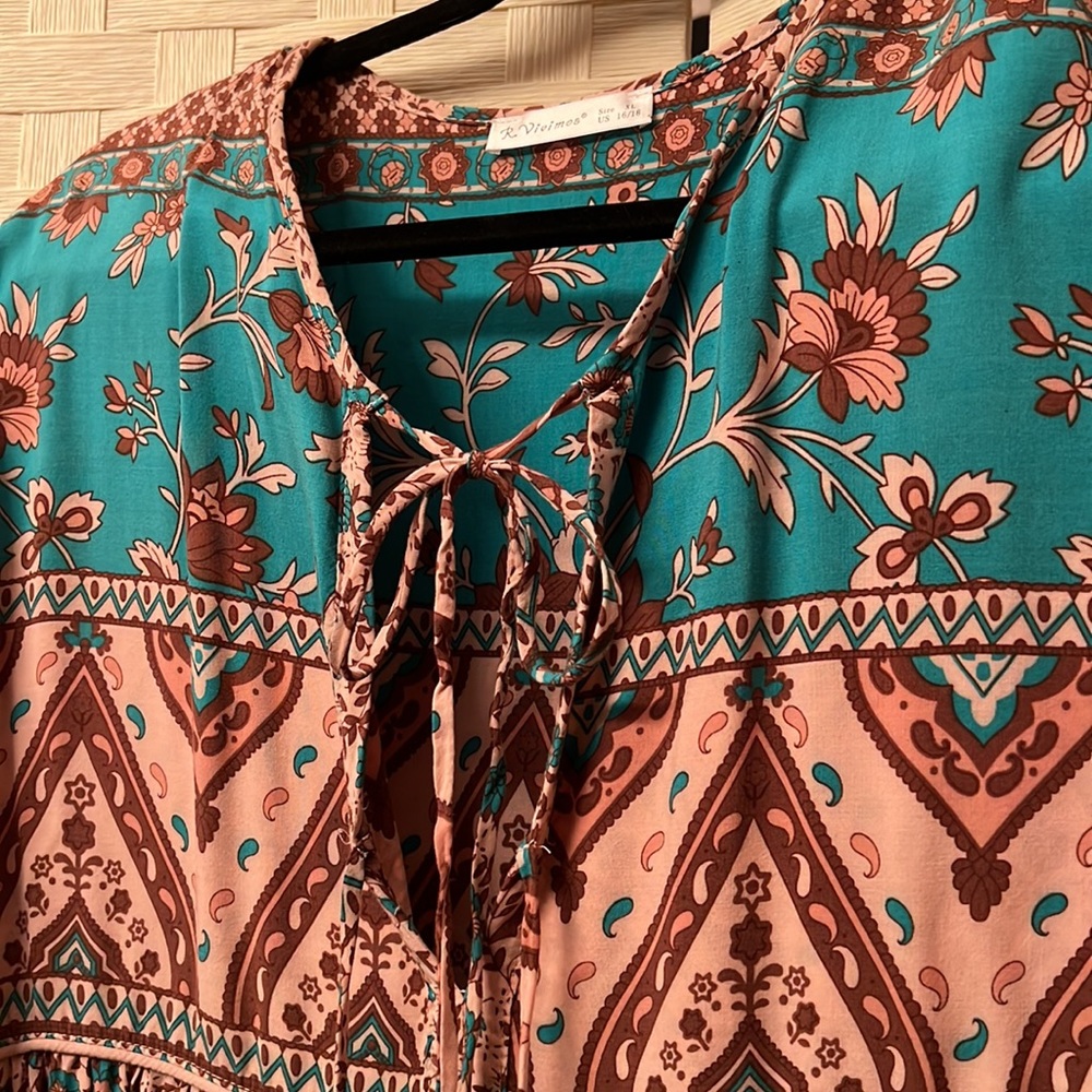 NEW: Boho style midi dress, size XL 16/18, teal, tan, and brown.